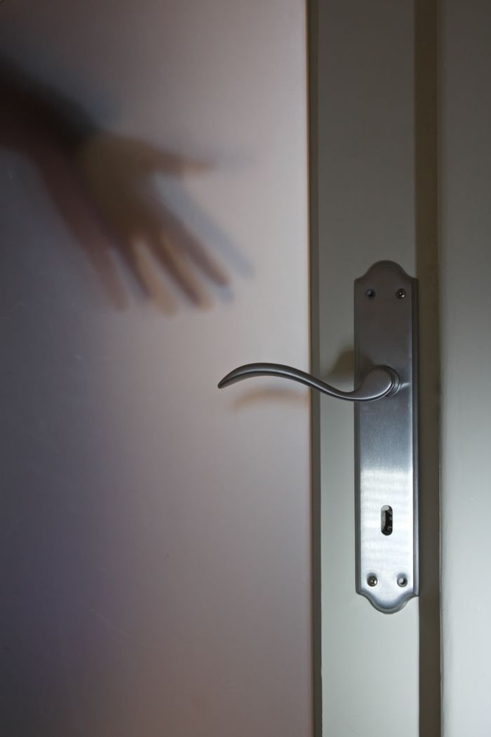A mysterious shadow of a hand reaching behind a frosted glass door with a metallic handle.